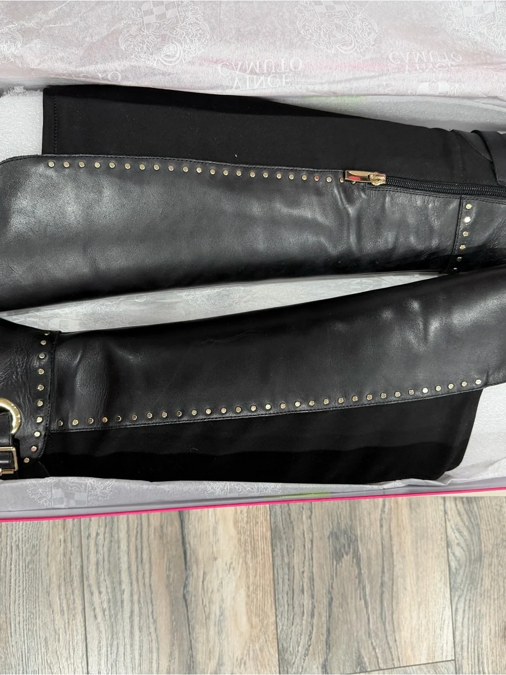 Vince Camuto Black Over-the-Knee Boots with Gold Studs